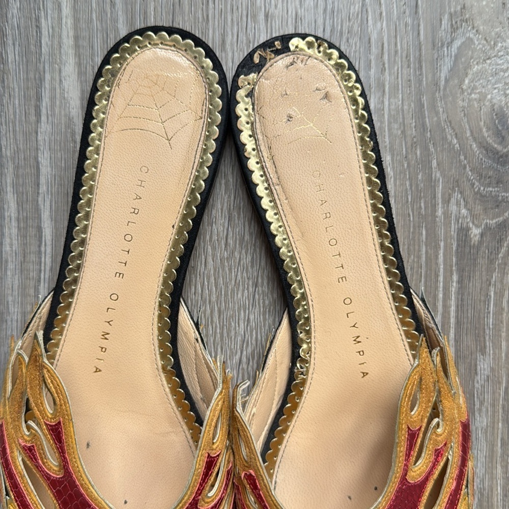CHARLOTTE OLYMPIA Black Suede And Red Snake-printed Leather mules Size 37/7 - Picture 6 of 11